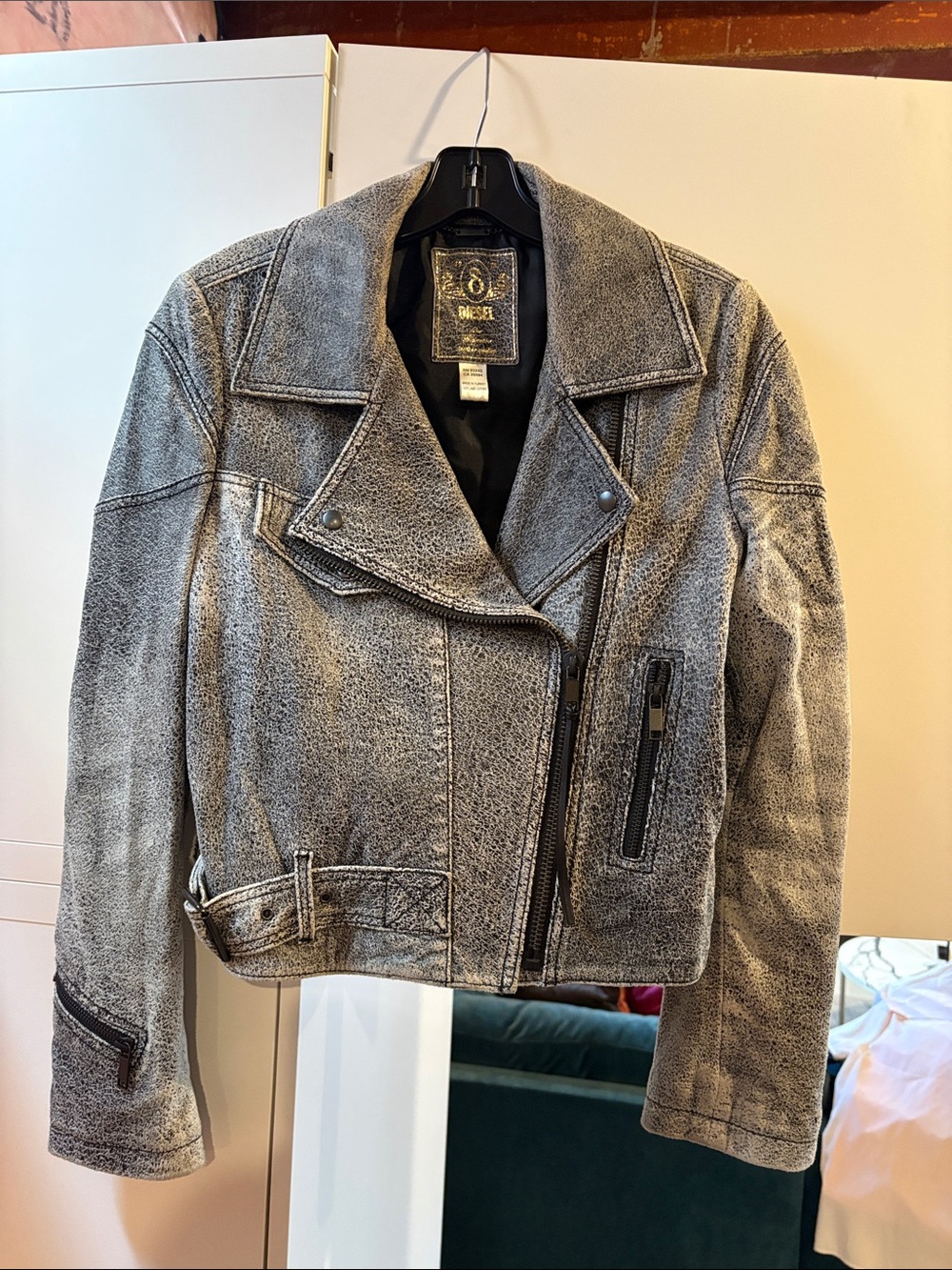 Diesel Gray Distressed Leather Biker Jacket